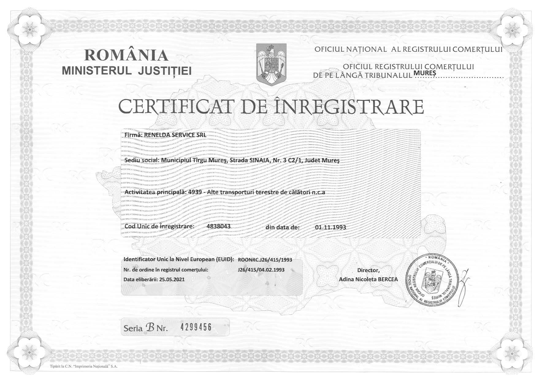 Certificat inregistrare Renelda